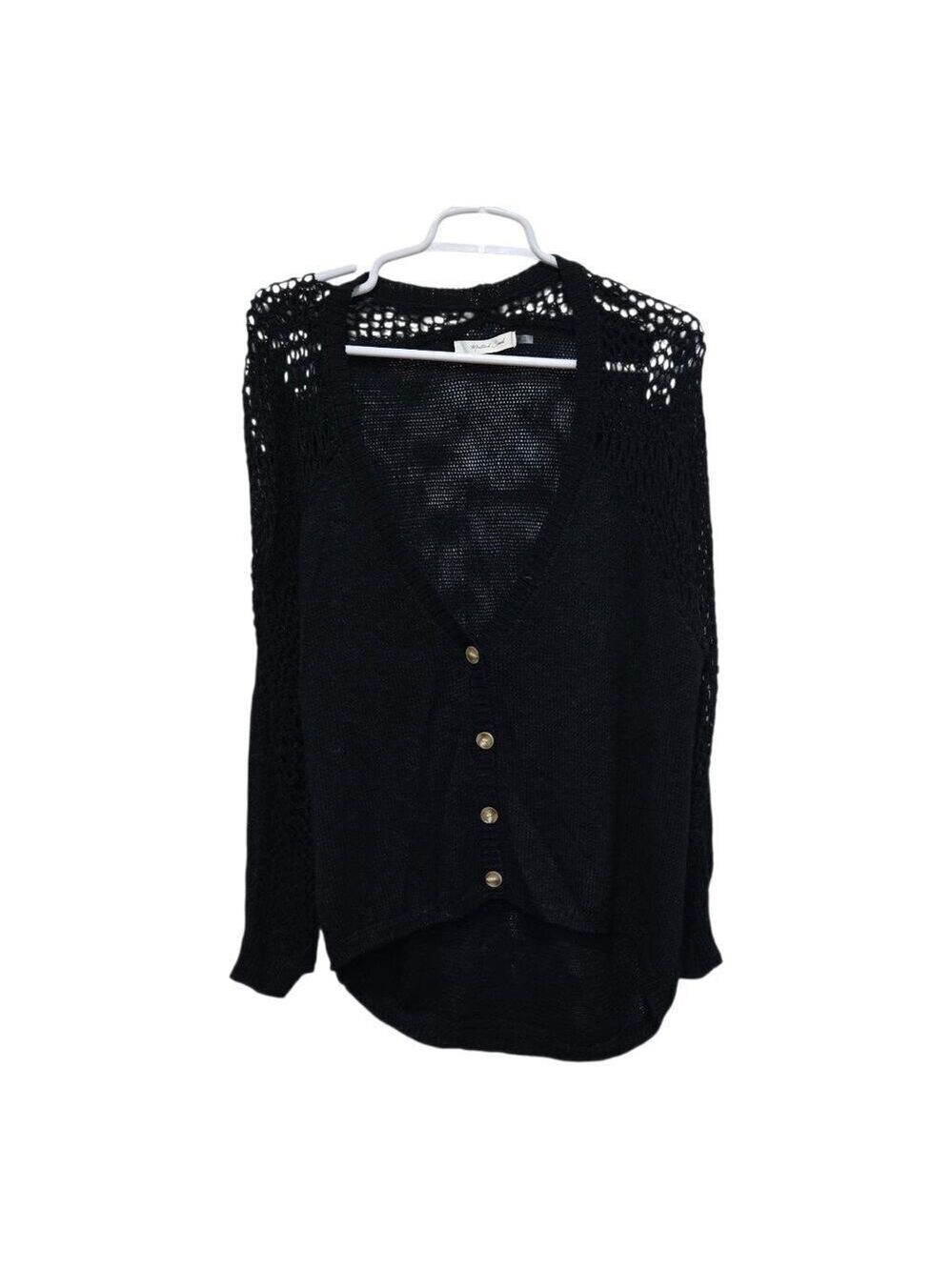 Mustard Seed Womens Medium Black Open Knit Button Front Cardigan